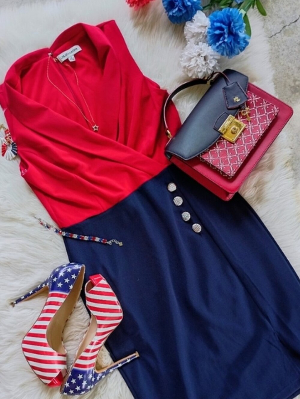 Chloe & Karina Red And Blue Color Block 4th Of July Dress